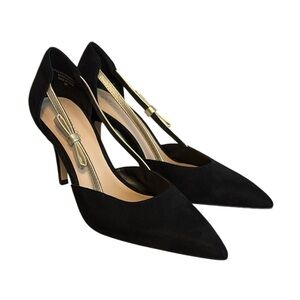 Ann Taylor Factory Black Suede Heels Sophisticated Style Gold Bow Accent Size 6